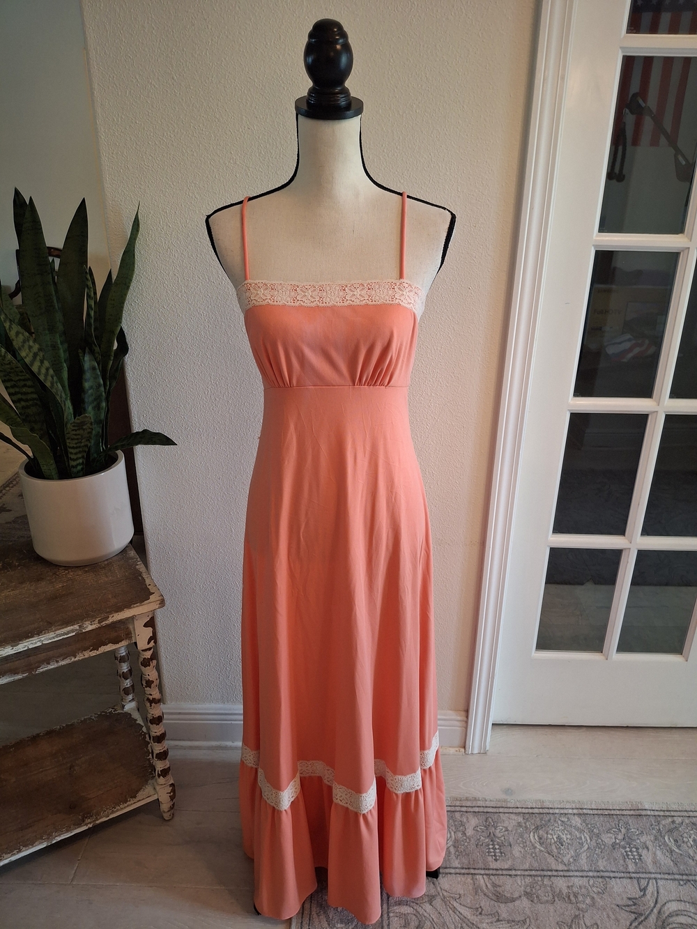 Vintage 70s Coral Maxi Dress with Lace Trim
